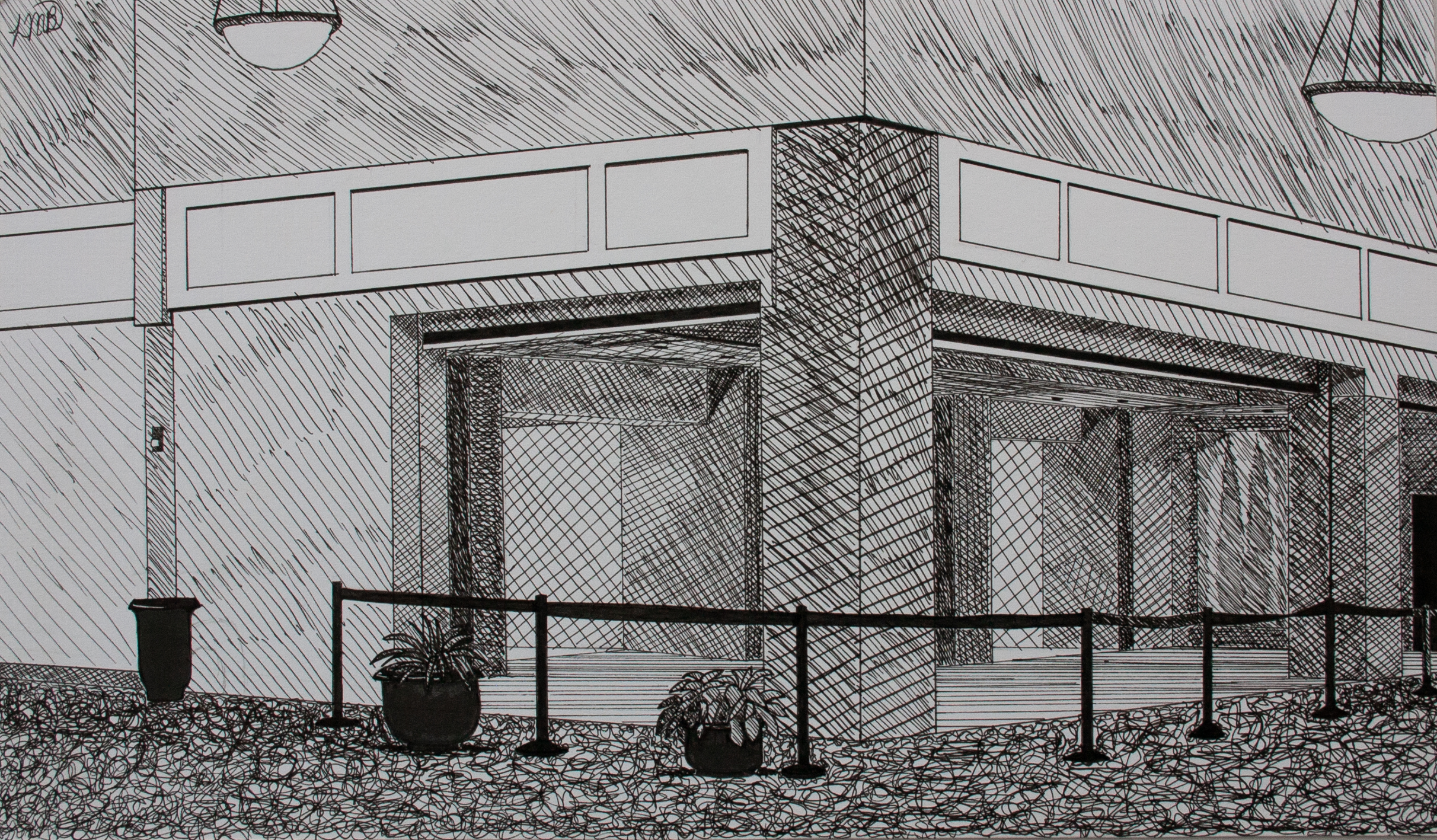 Carolina Mall 2-Point Perspective, Micron pen on bristol paper, 10 x 6in, 2020